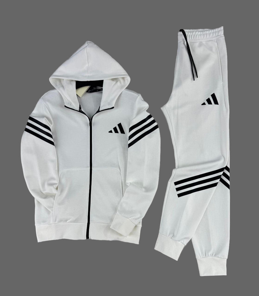 Férfi Adidas melegítő, fehér, fekete csíkokkal és fekete logóval