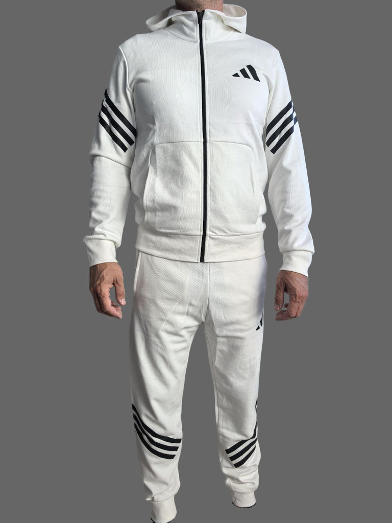 Férfi Adidas melegítő, fehér, fekete csíkokkal és fekete logóval