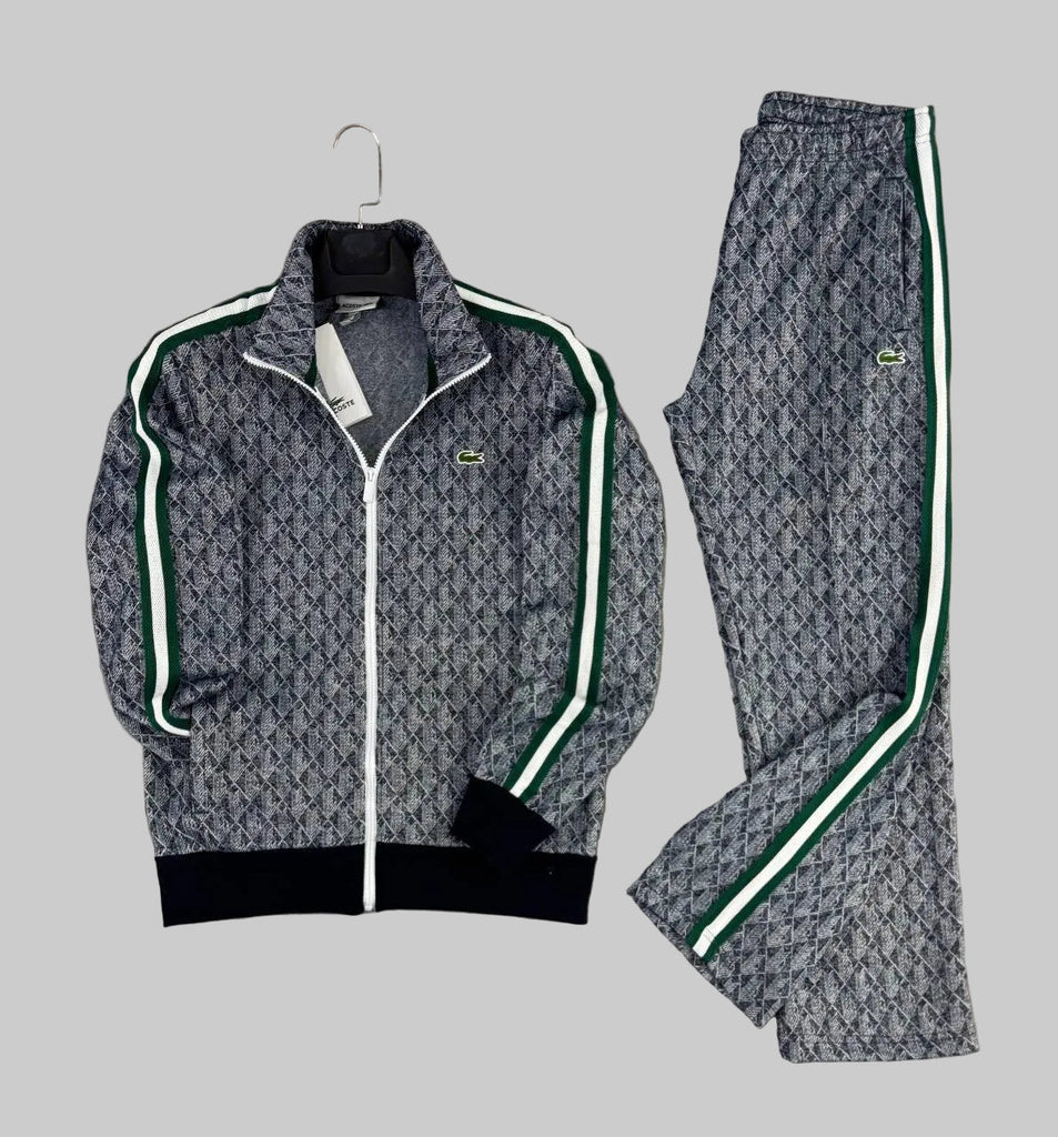 Férfi Lacoste melegítő szett, jacquard monogram, fekete-fehér fehér és zöld csíkokkal