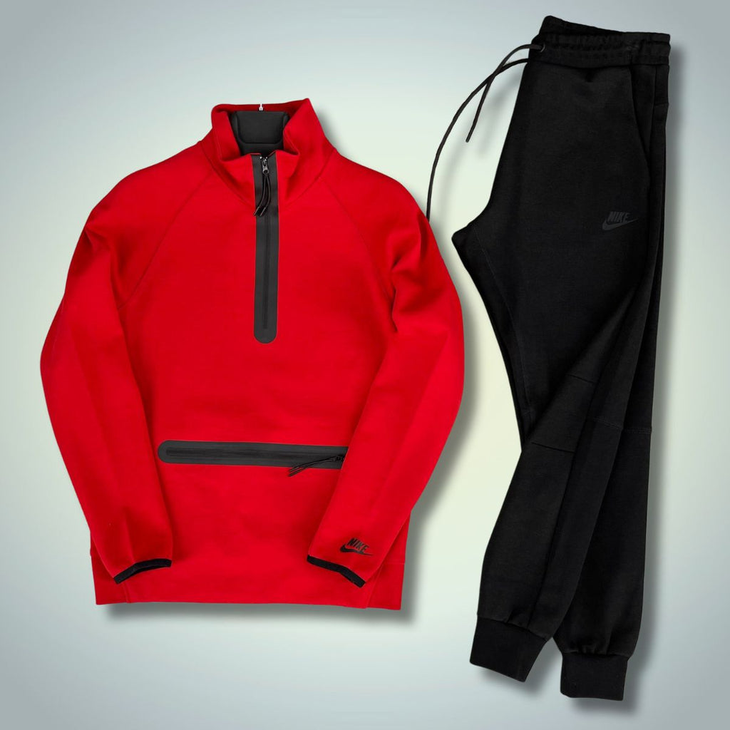 Nike Tech Fleece férfi tréningruha, elülső zsebbel, piros - fekete. 2024-es modell. Prémium minőség