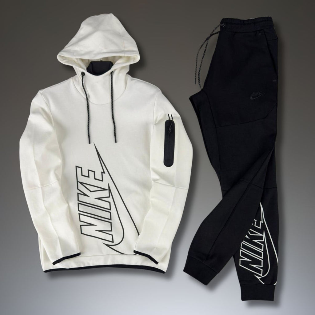 Nike Tech Fleece férfi tréningruha, cipzár nélkül, fehér - fekete. Prémium minőség