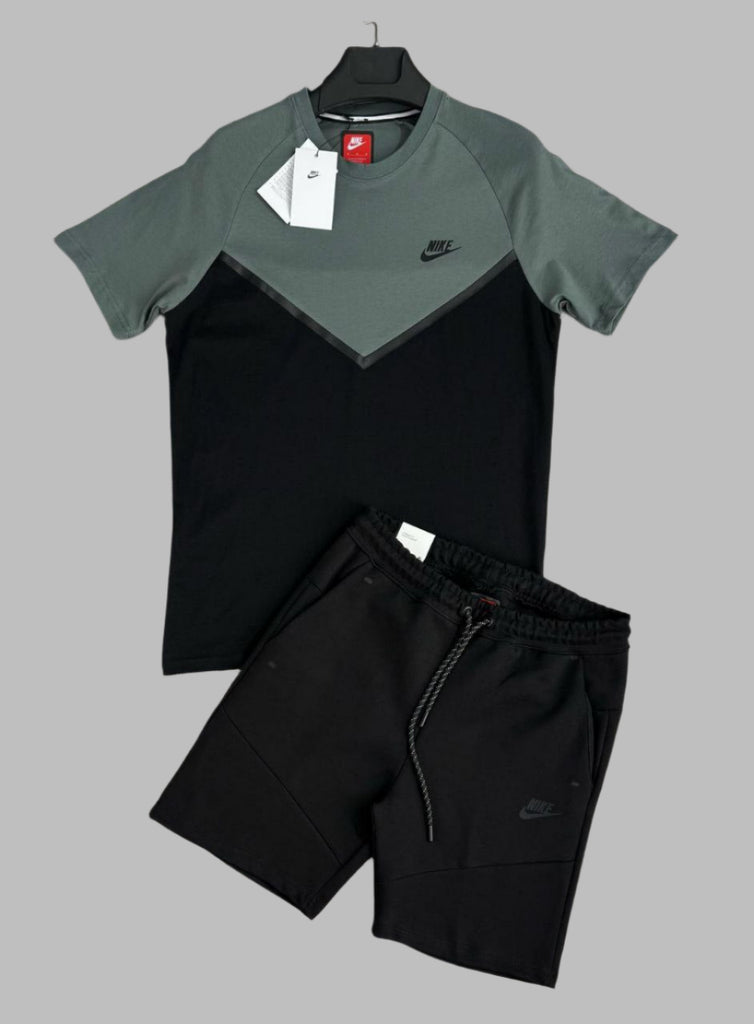 Férfi Nike Tech Fleece szett pólóval és rövidnadrággal, szürkészöld és fekete. Prémium minőség.