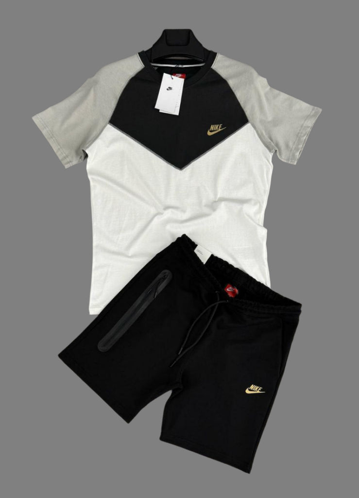 Férfi Nike Tech Fleece szett, ekrü, szürke és fekete póló és fekete rövidnadrág. Prémium minőség.