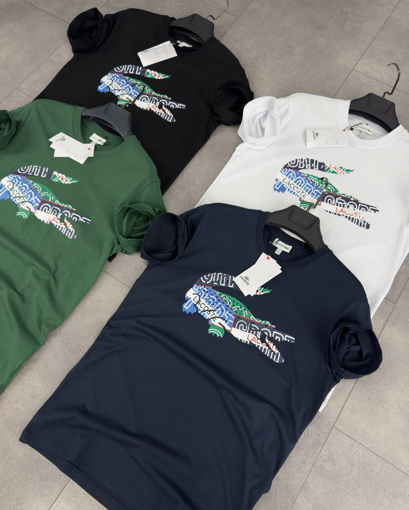 Férfi Lacoste póló, színes nagy krokodil mintával – fehér. Prémium minőség.